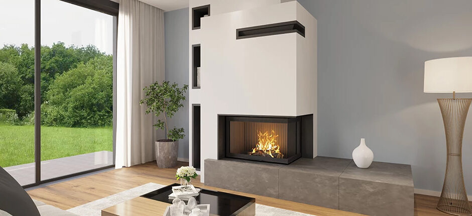Cheminée moderne dans un intérieur chaleureux